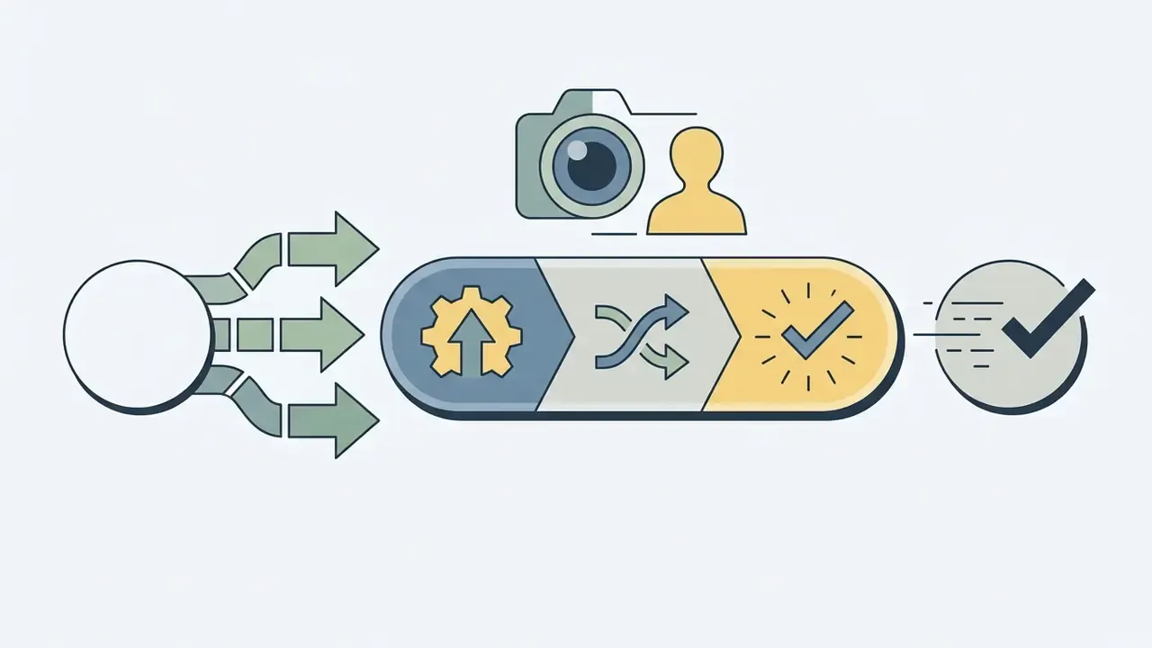 Three arrows feeding into a three-step process bar that results in a verified checkmark icon