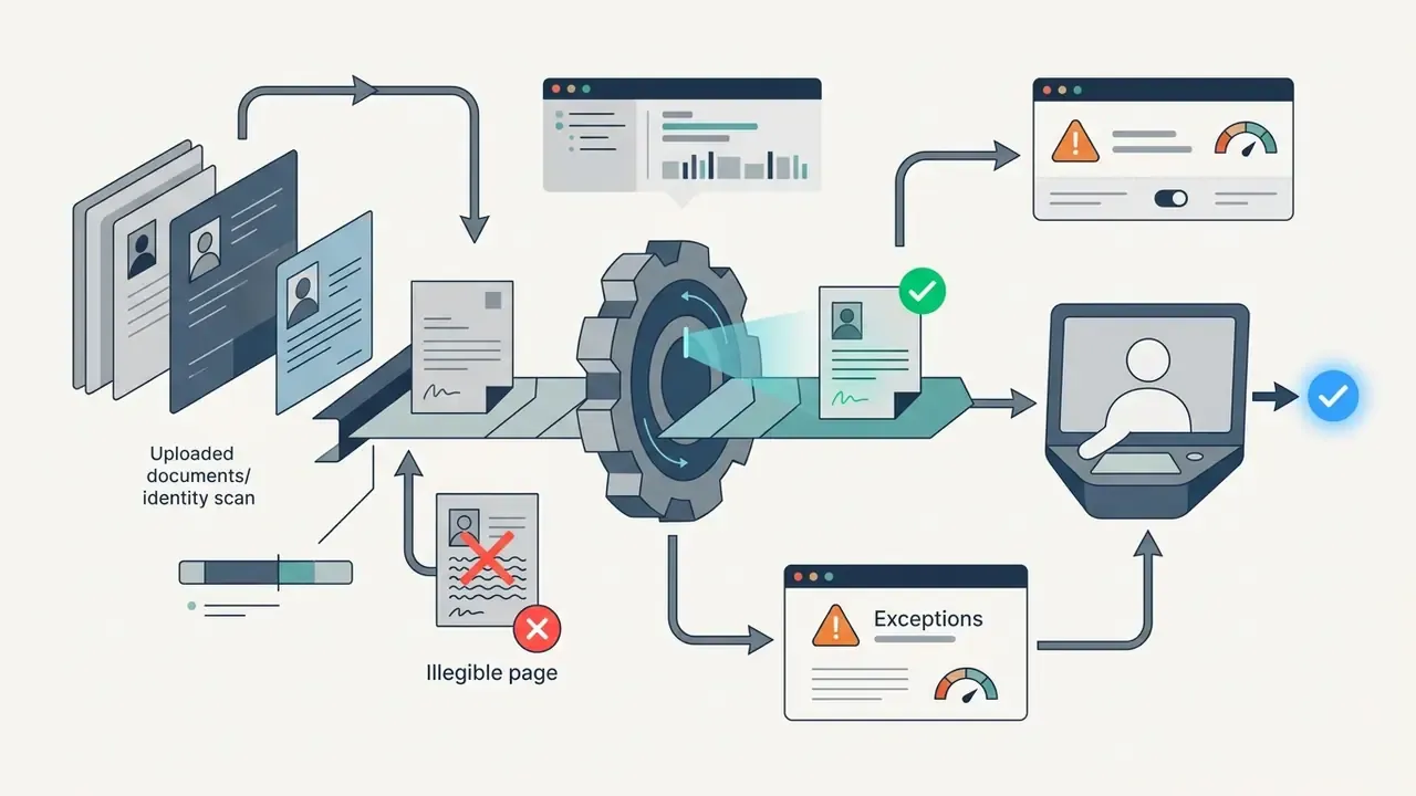 Identity documents passing through a gear-driven processor to be sorted into approved or flagged queues