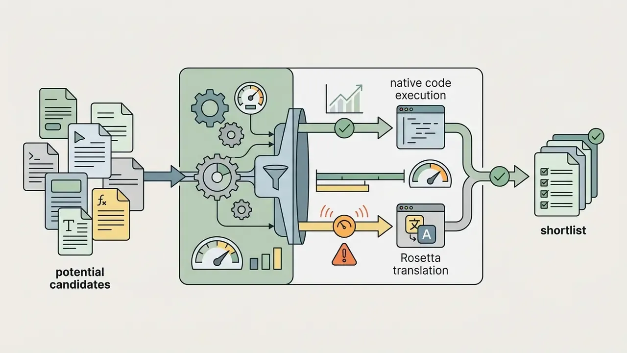 Process diagram showing software candidates filtered into native code or Rosetta translation paths