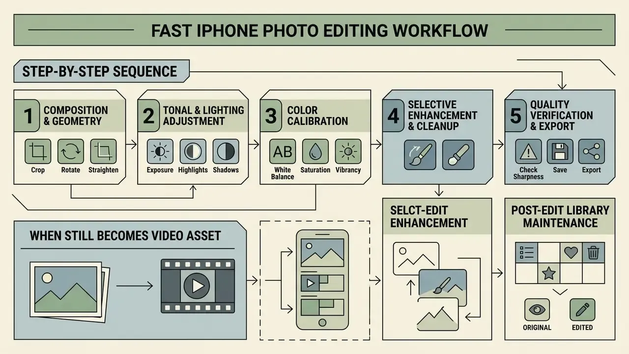 Flowchart outlining a five-step sequence for mobile image processing and library management