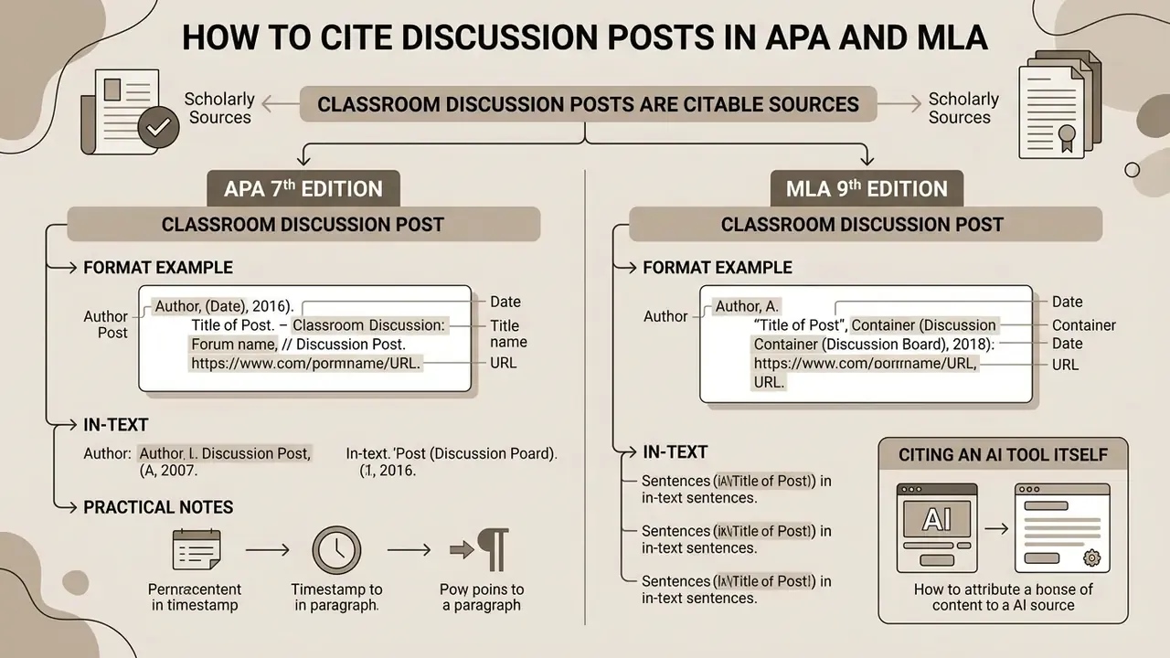Comparison guide for citing classroom discussion posts using APA 7th and MLA 9th edition standards
