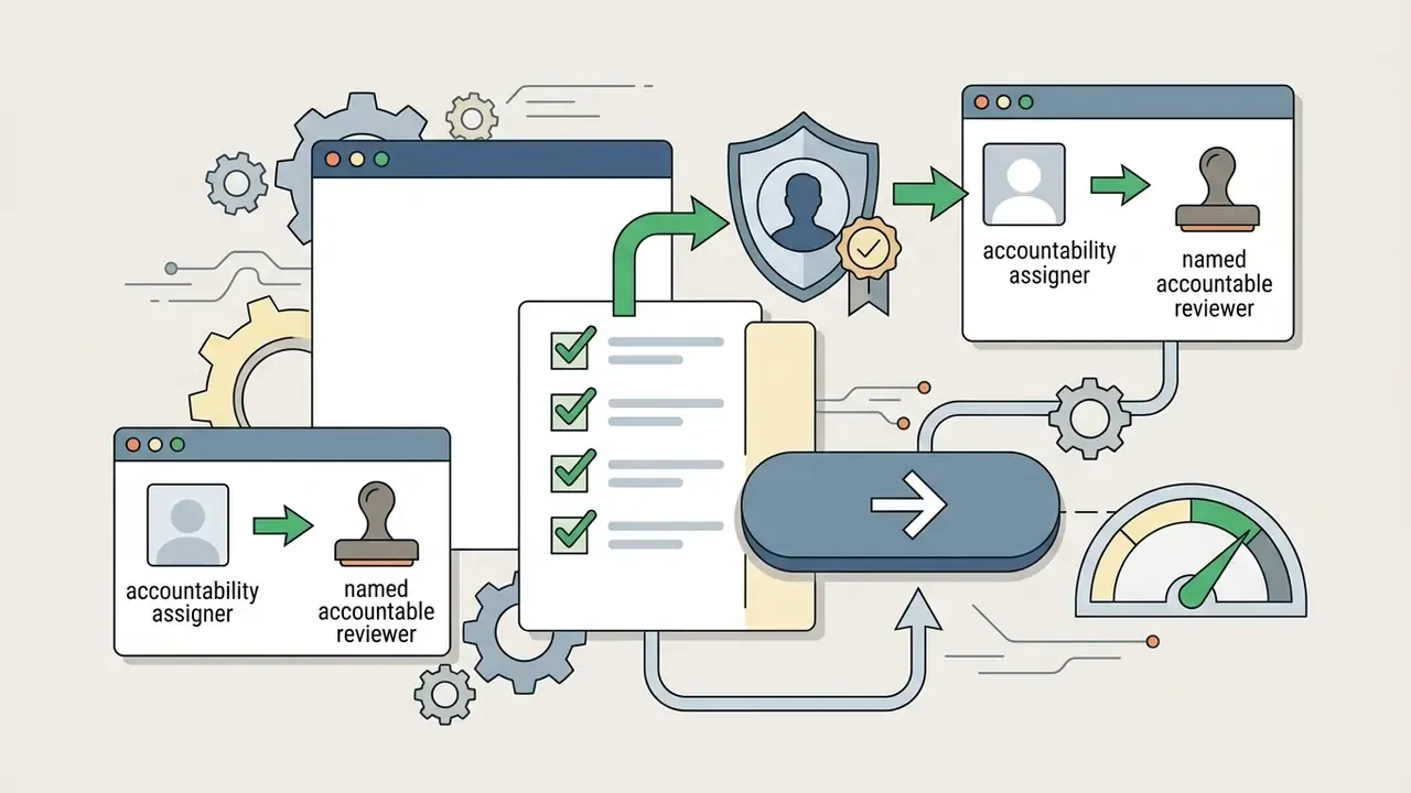 Checklist items moving through a shield and user assignment process to reach a final approval stage
