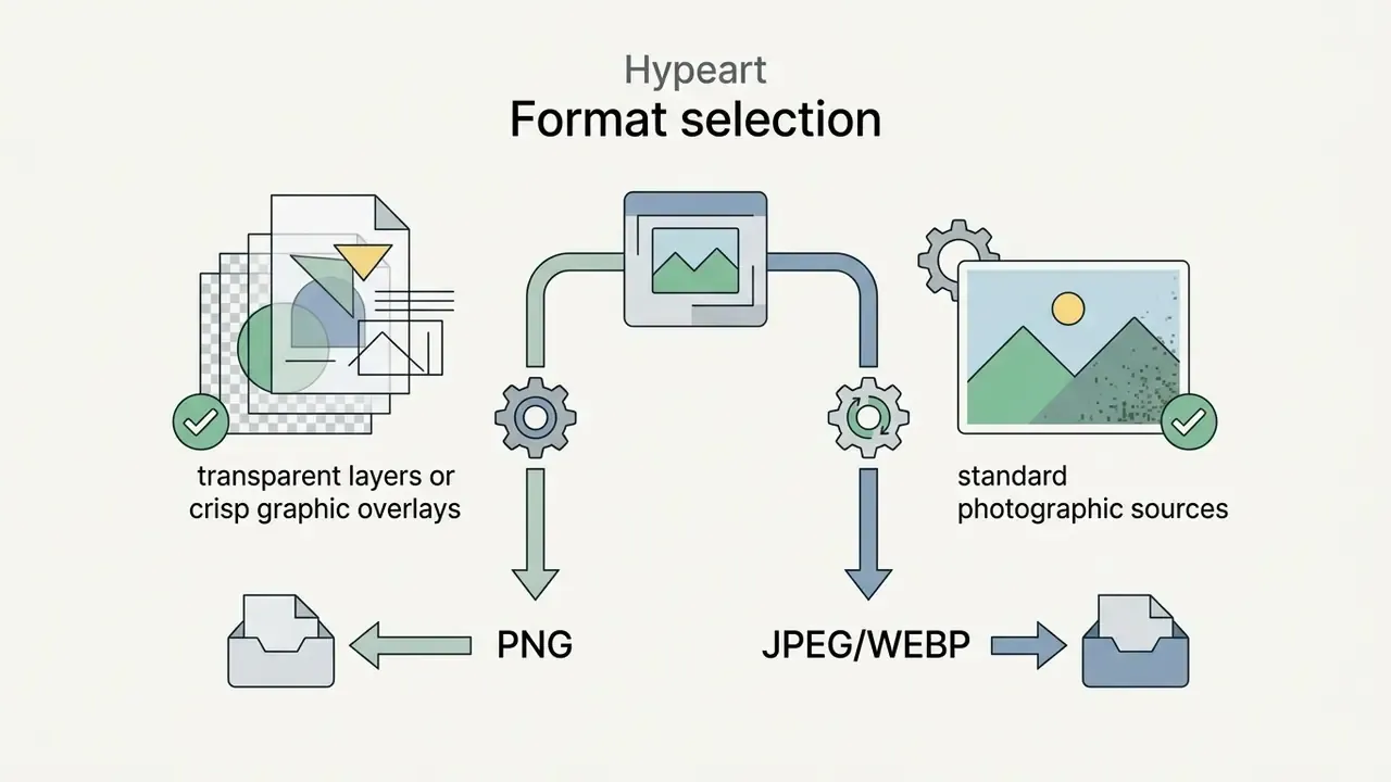 Icons showing how to choose between PNG for transparent graphics and JPEG or WEBP for photographs