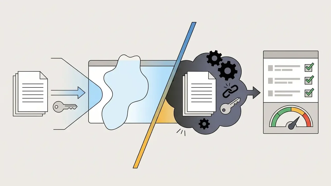 Conceptual graphic showing sensitive documents and keys being processed through a risky digital workflow