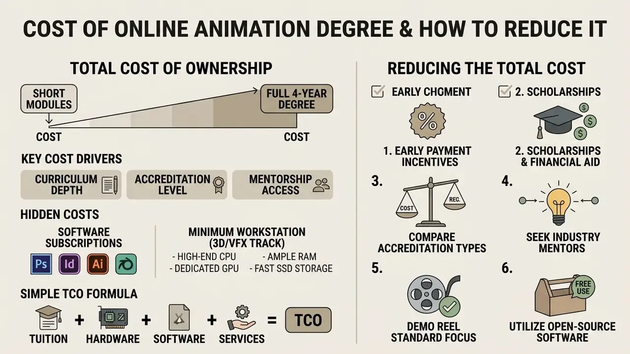 Breakdown of animation degree expenses including hidden costs, hardware requirements, and savings strategies
