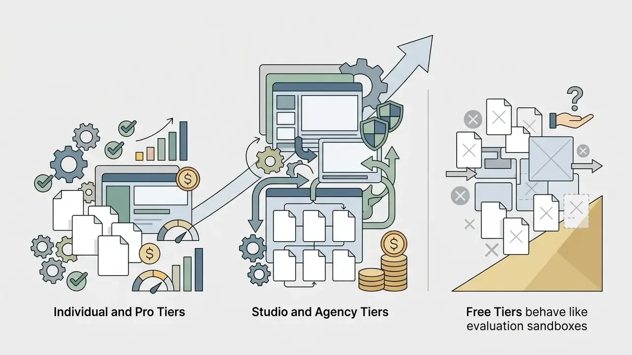 Bar charts and gear icons representing subscription tiers ranging from individual to agency levels