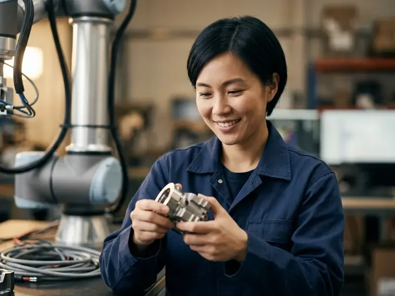 Female engineer in a navy jacket inspecting a metal component in a workshop with a robotic arm