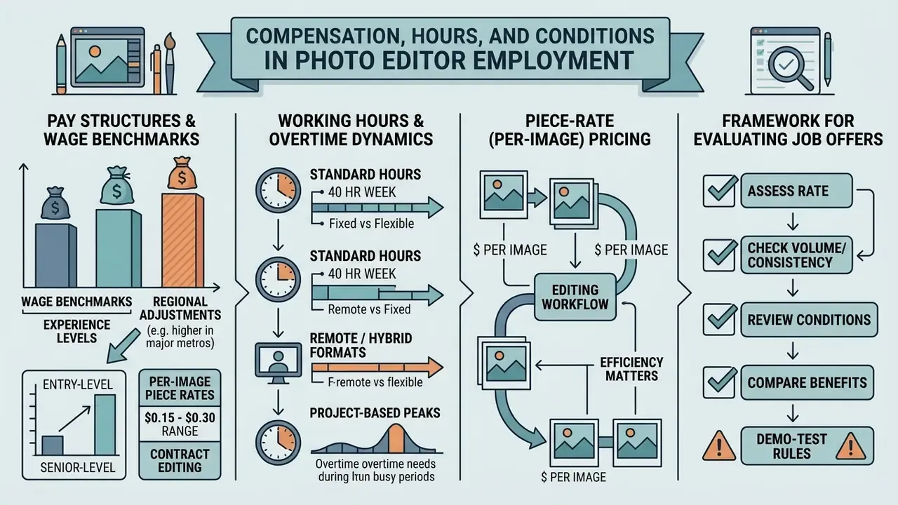 Charts and diagrams detailing pay structures, working hours, piece-rate pricing, and job evaluation frameworks
