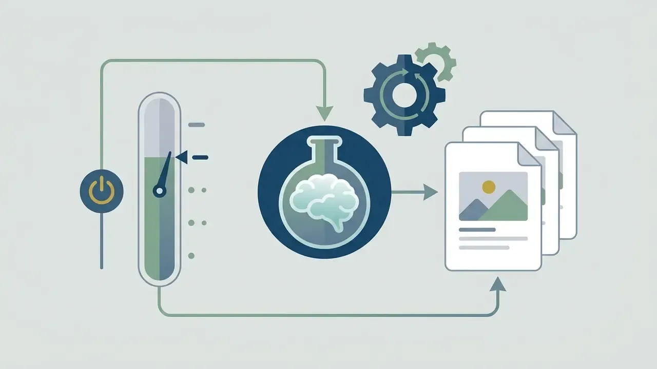 Gauge and gears feeding a brain in a flask that generates a stack of image documents