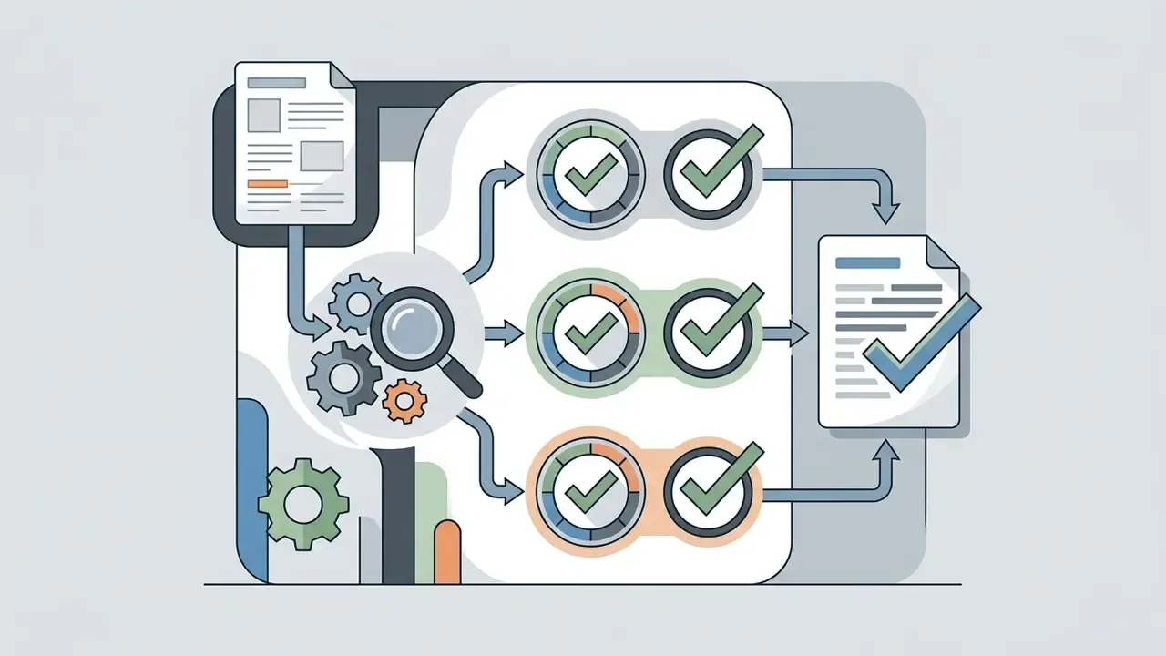Document being analyzed by gears and a magnifying glass before passing through status checks to final output