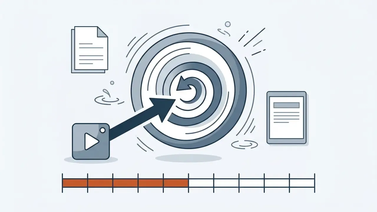 Arrow pointing from a play button icon to a central target with a progress bar below