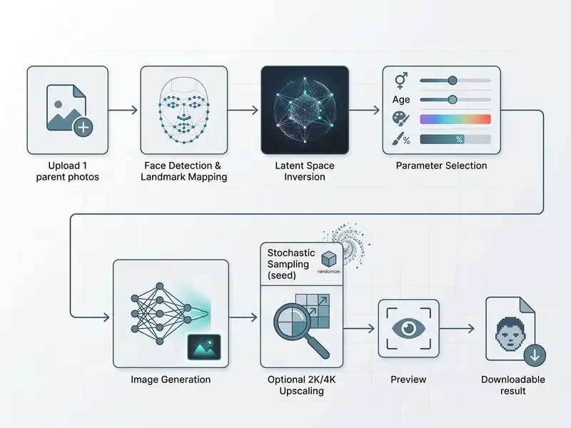 Sequential process diagram illustrating the technical stages of an ai baby face generator pipeline