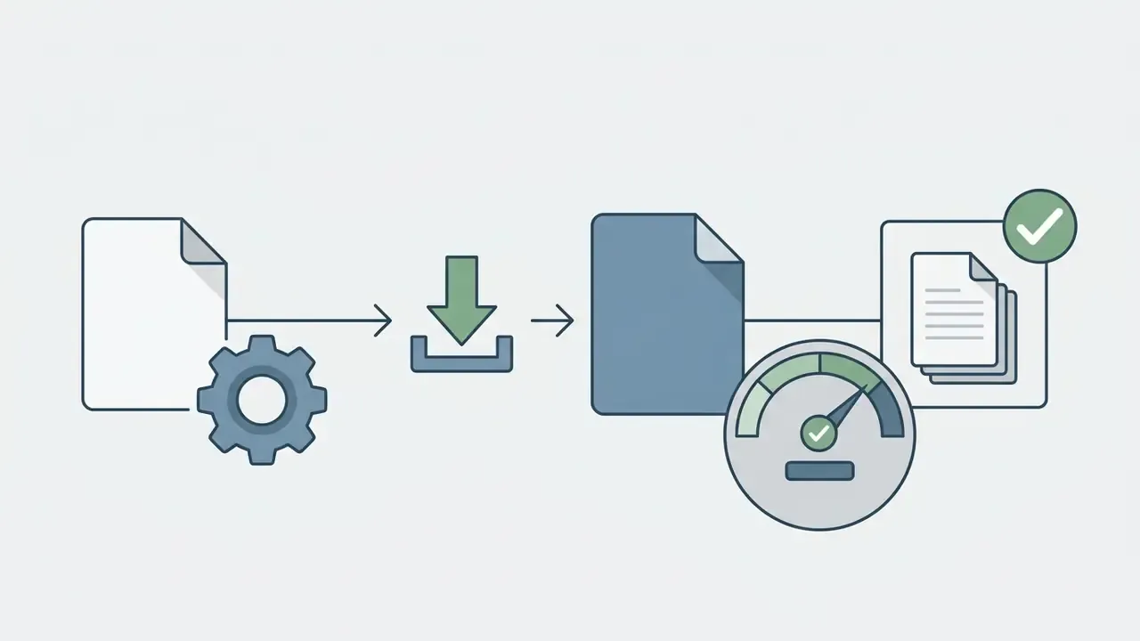 Document icon with a gear and download arrow leading to a file status gauge and a checked document
