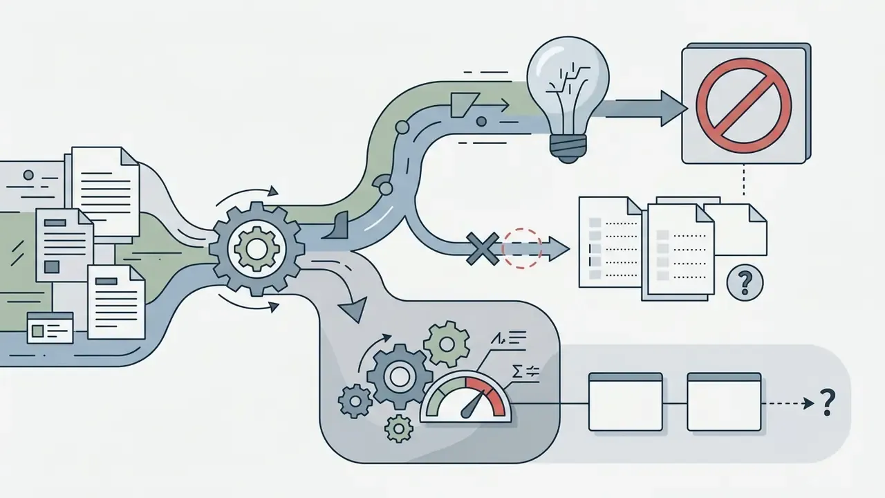 Documents feeding into a gear mechanism that branches into blocked paths and uncertain output stages