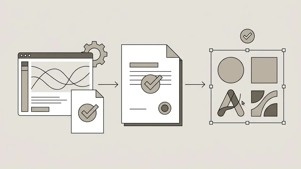 Process of reviewing design documents and checking license files before finalizing graphic assets