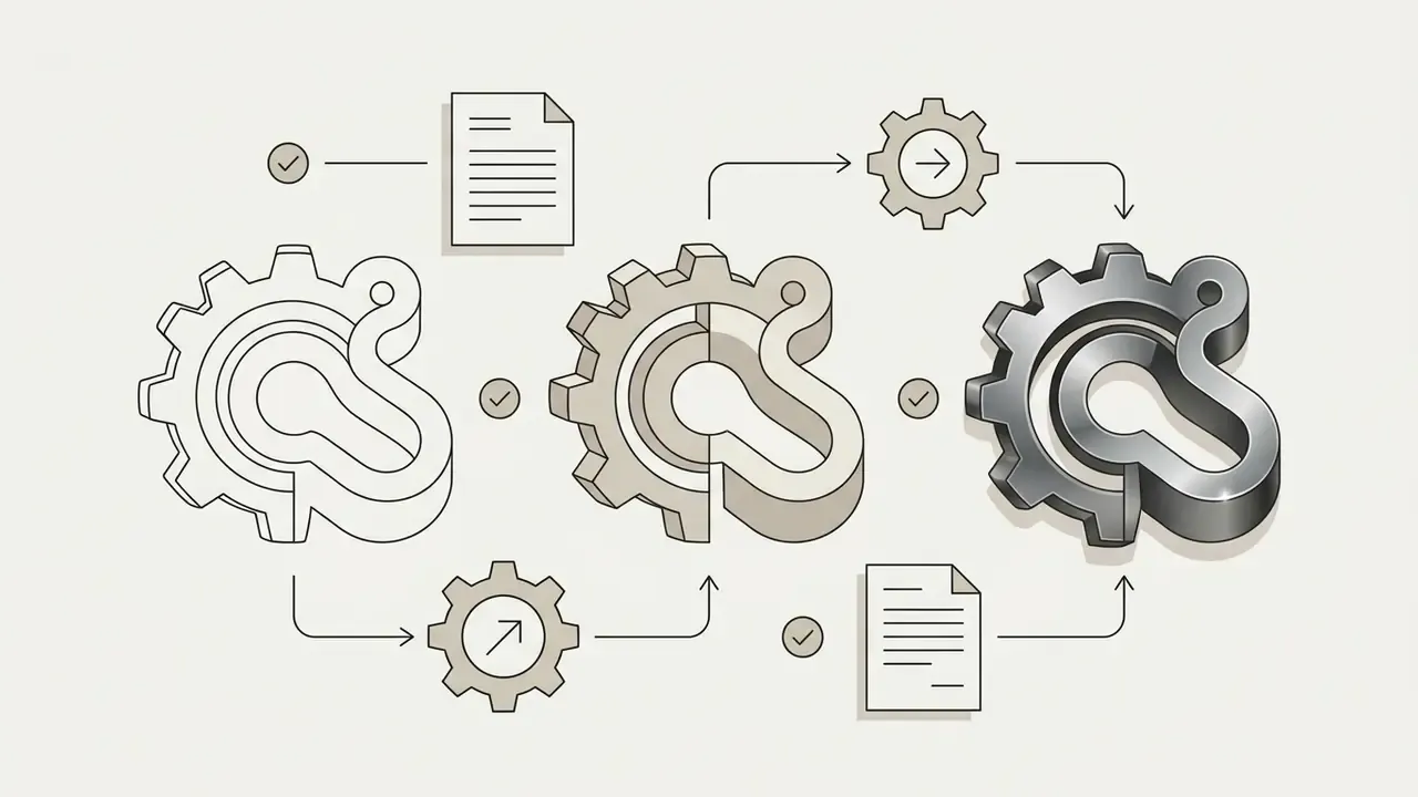 Process flow showing a gear shape evolving from line art to flat shading and finally a metallic render