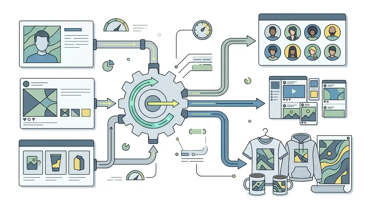 User profiles and product designs feeding into a central gear to produce social media and apparel layouts