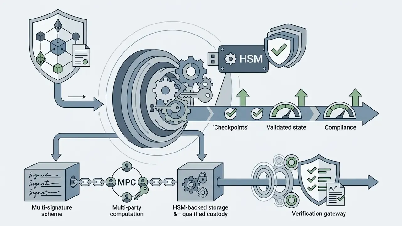 Flowchart showing HSM and multi-signature processes connecting to a verification gateway and compliance