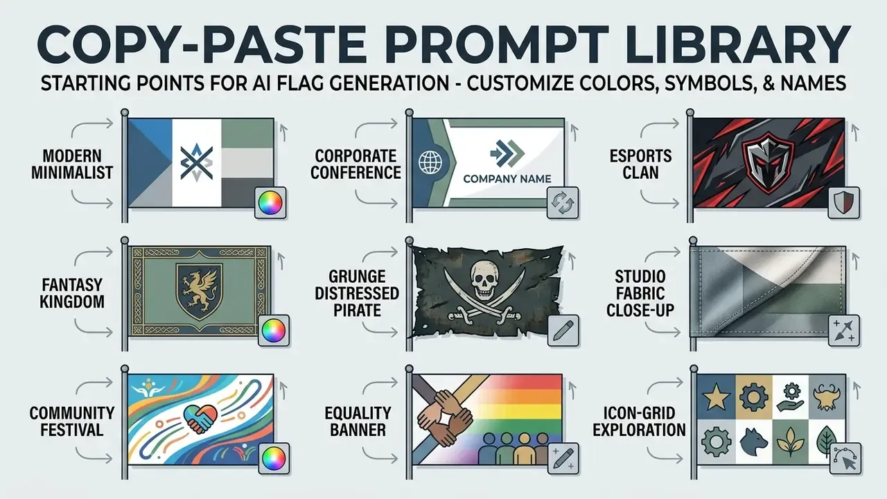 Grid of nine distinct flag design styles with labels and icons for customization options