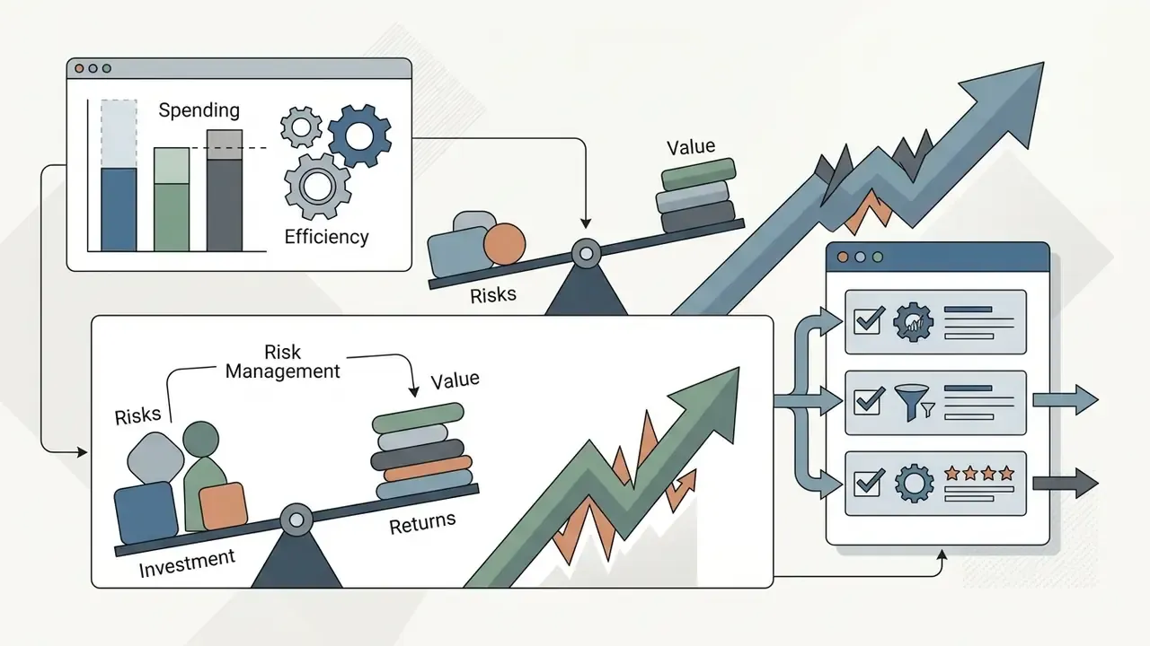 Bar charts and scales balancing risk against value with arrows pointing to a selection framework interface