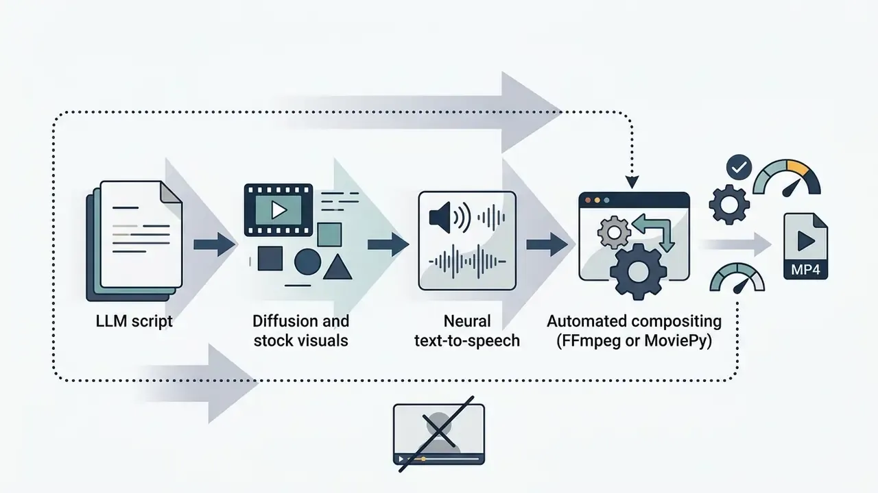 Sequential pipeline transforming LLM scripts into visual, audio, and composited MP4 video files