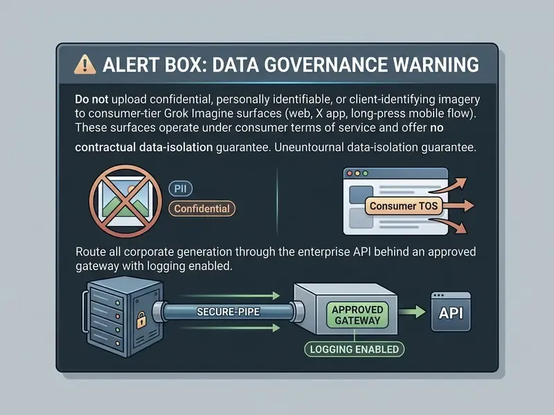 Warning box showing prohibited consumer data uploads and mandatory enterprise API routing via a gateway