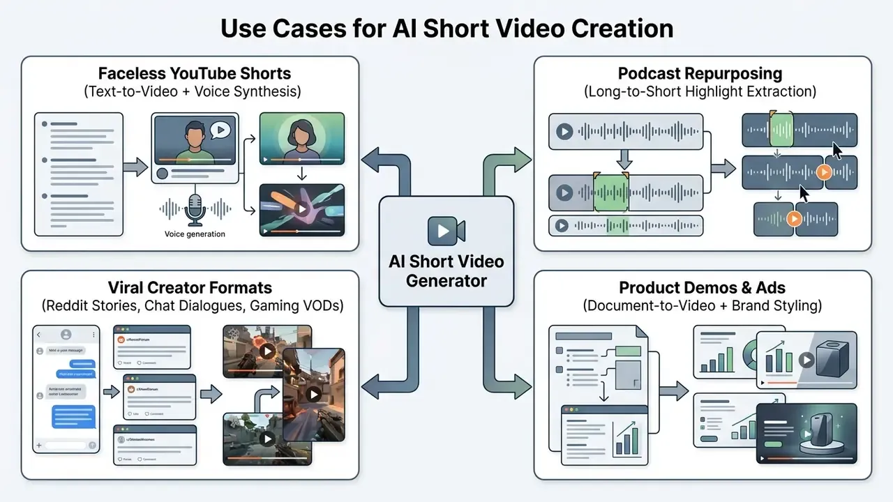 Four quadrants showing text to video, podcast clipping, social media formats, and product ad creation