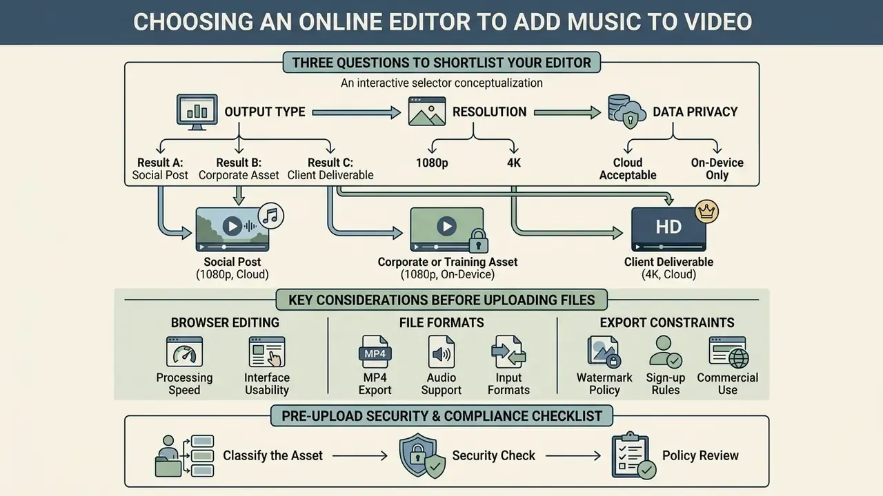 Decision flow chart for selecting an online tool to add music to video based on project requirements