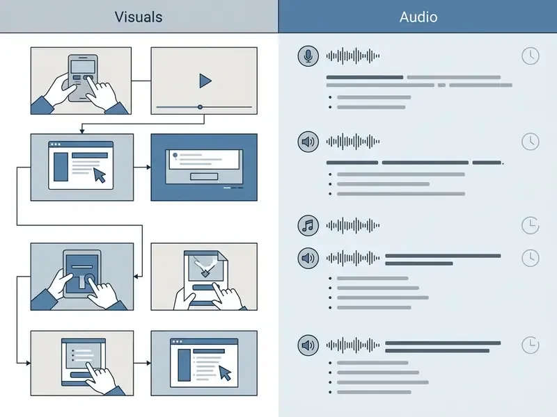 Two column layout showing visual steps on the left and corresponding audio narration scripts on the right