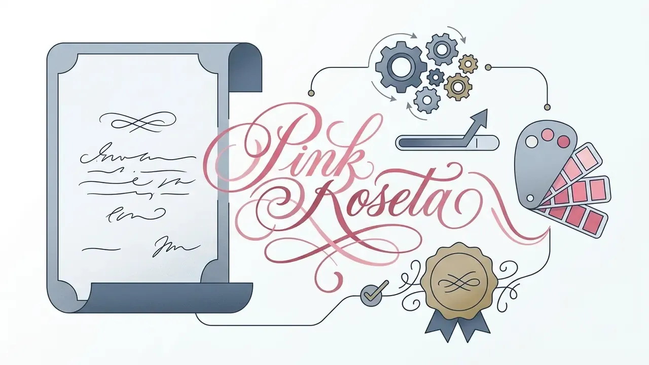Calligraphic script text with a scroll, mechanical gears, color palette, and a certified seal icon