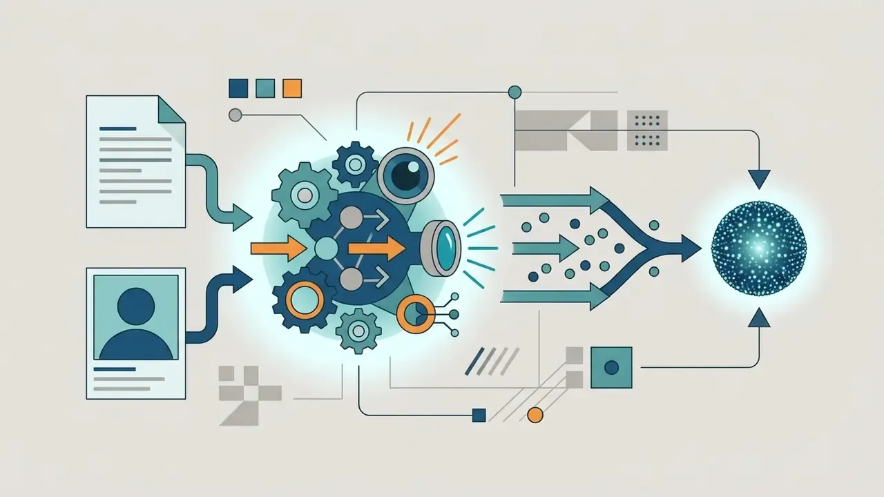 Two input sources feeding into a central mechanical gear system that outputs a glowing data sphere