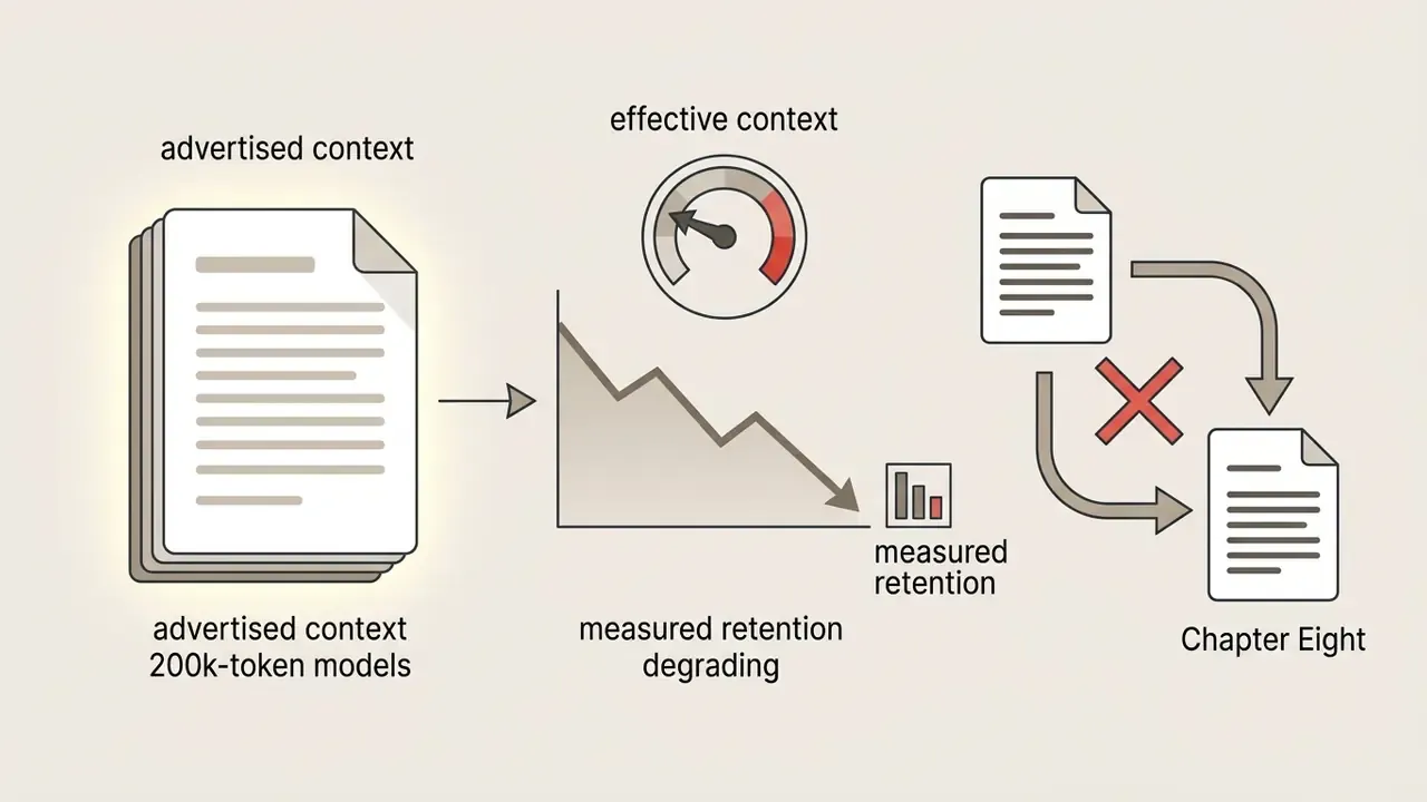 Graph showing how advertised model context capacity degrades into inconsistent narrative output