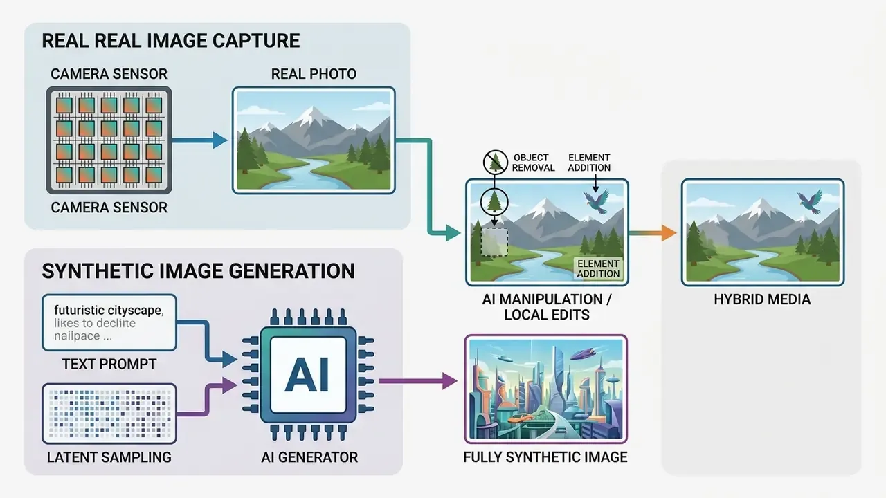 Flowchart comparing camera sensor capture and AI generation paths to create hybrid or synthetic images