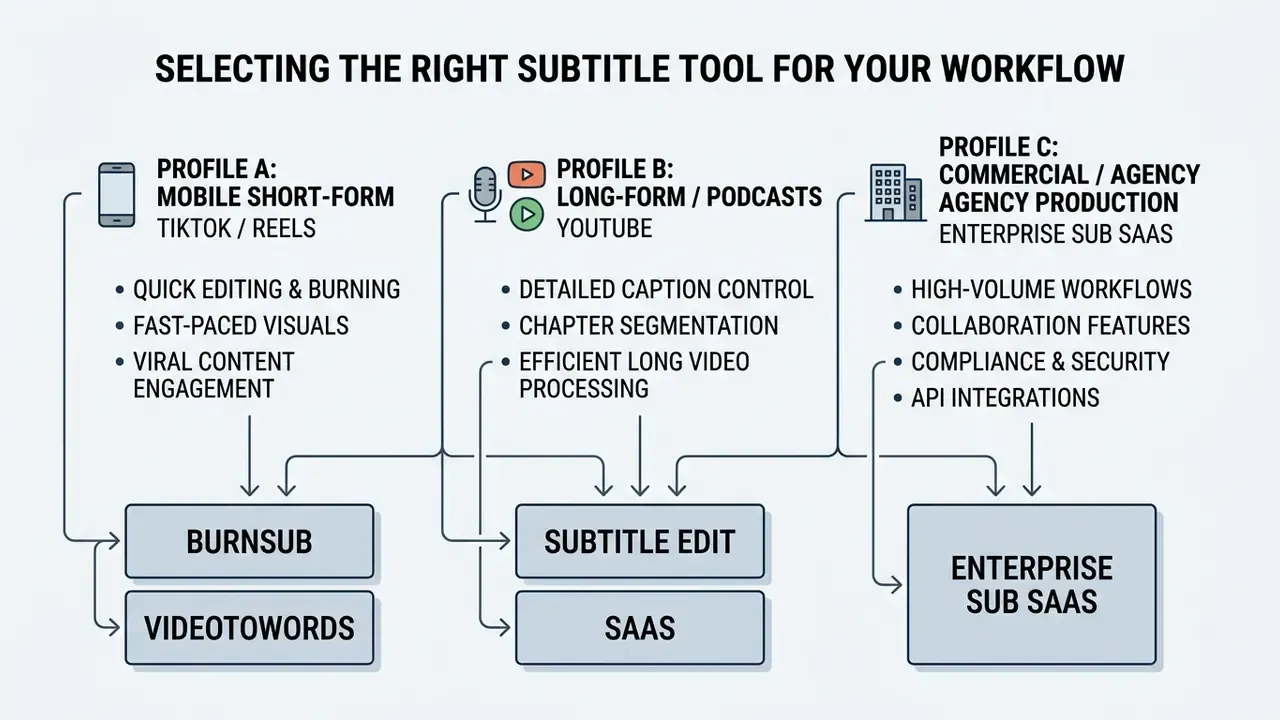 Categorization of subtitle tools based on mobile, long-form, and agency production workflow requirements