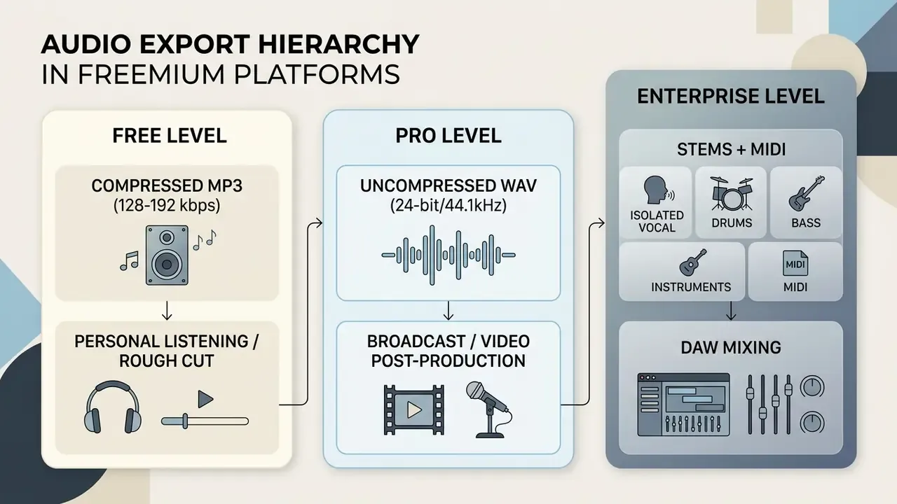Diagram showing audio export tiers from compressed MP3 files to professional WAV stems and MIDI data