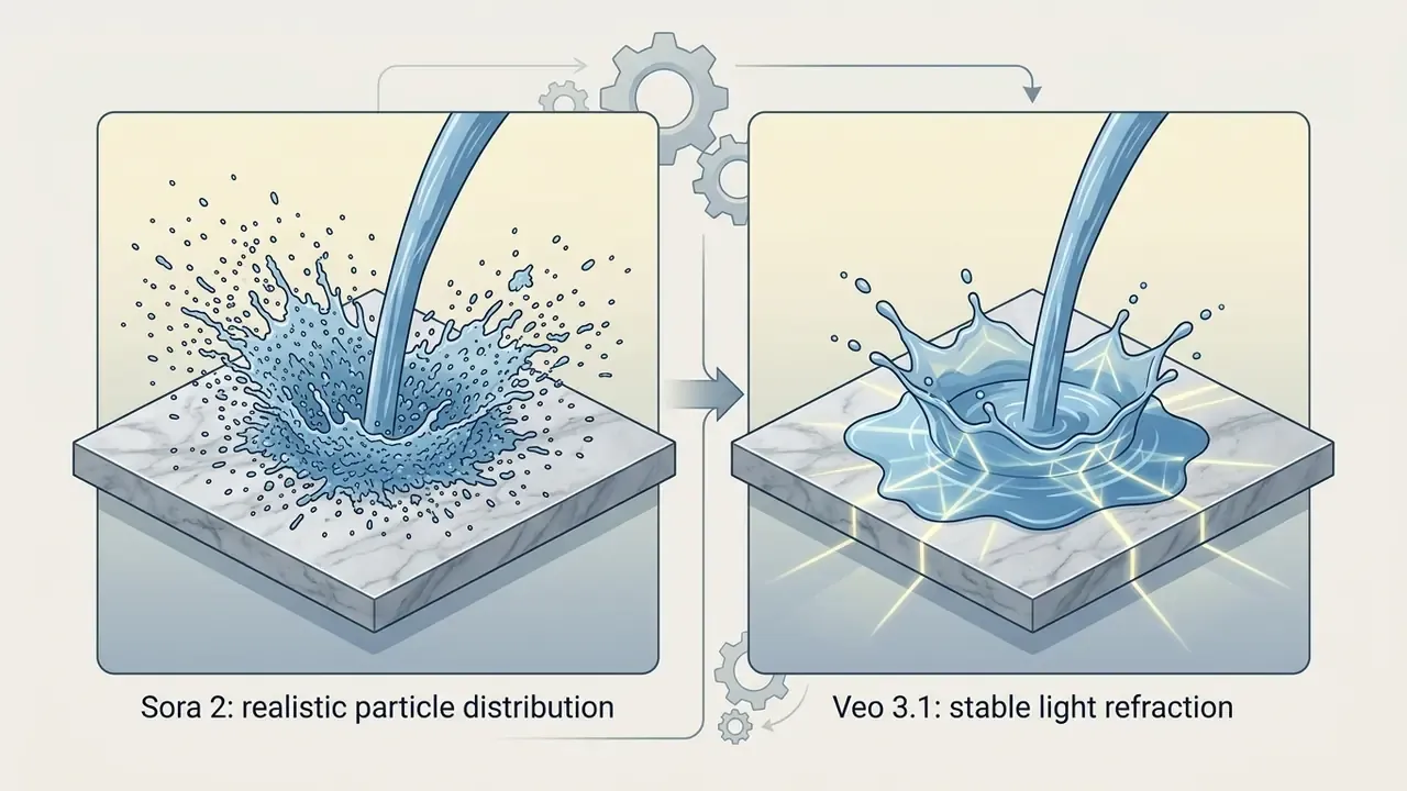 Two panels showing water splashing on marble tiles to demonstrate particle distribution and light refraction