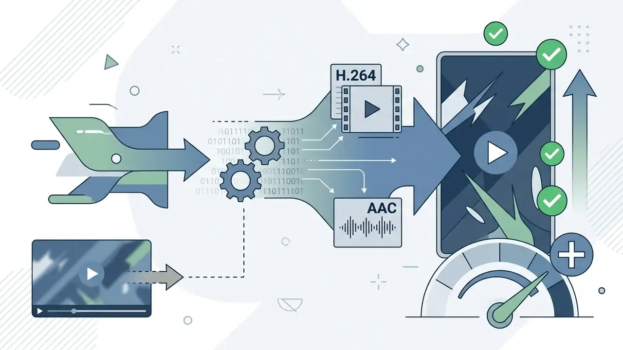 Video file processing into H.264 and AAC formats for mobile display with a speed gauge