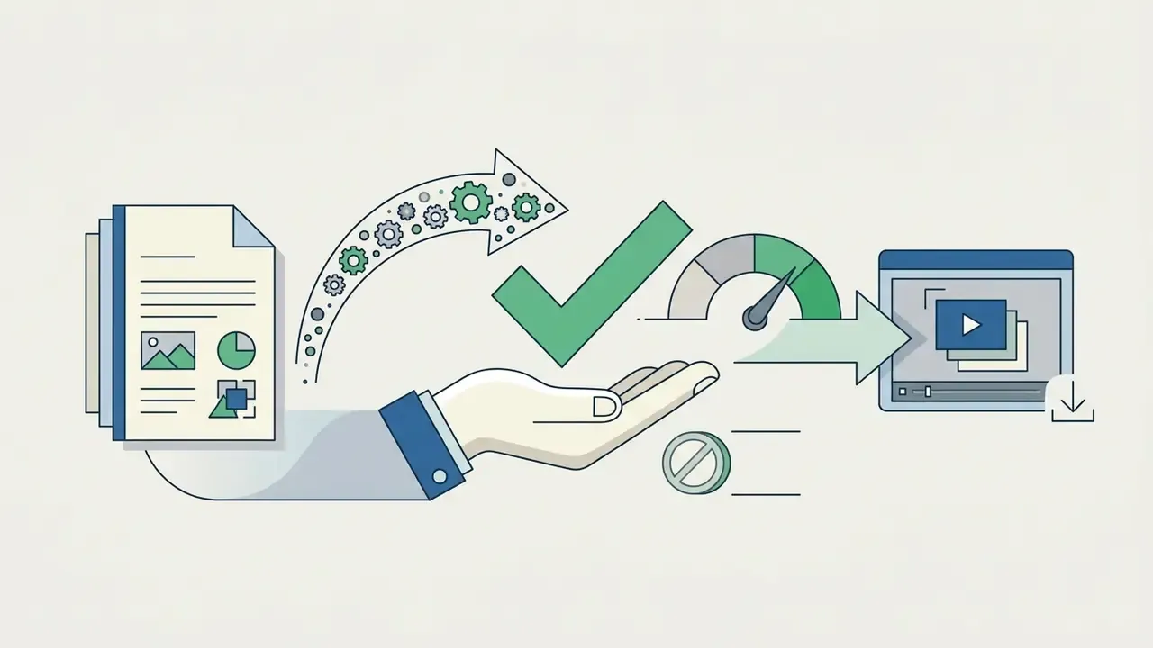 Hand holding a checkmark and speed gauge to process media files into a video editing interface
