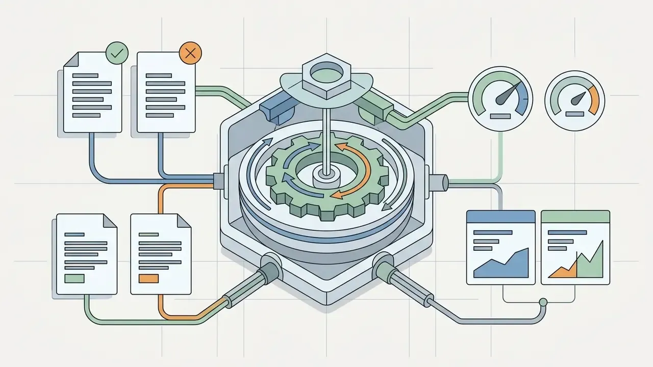 Central gear mechanism connecting document inputs to performance gauges and data analysis reports