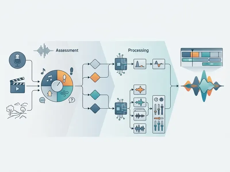 Flowchart showing a decision process for audio assessment and signal processing in video editing