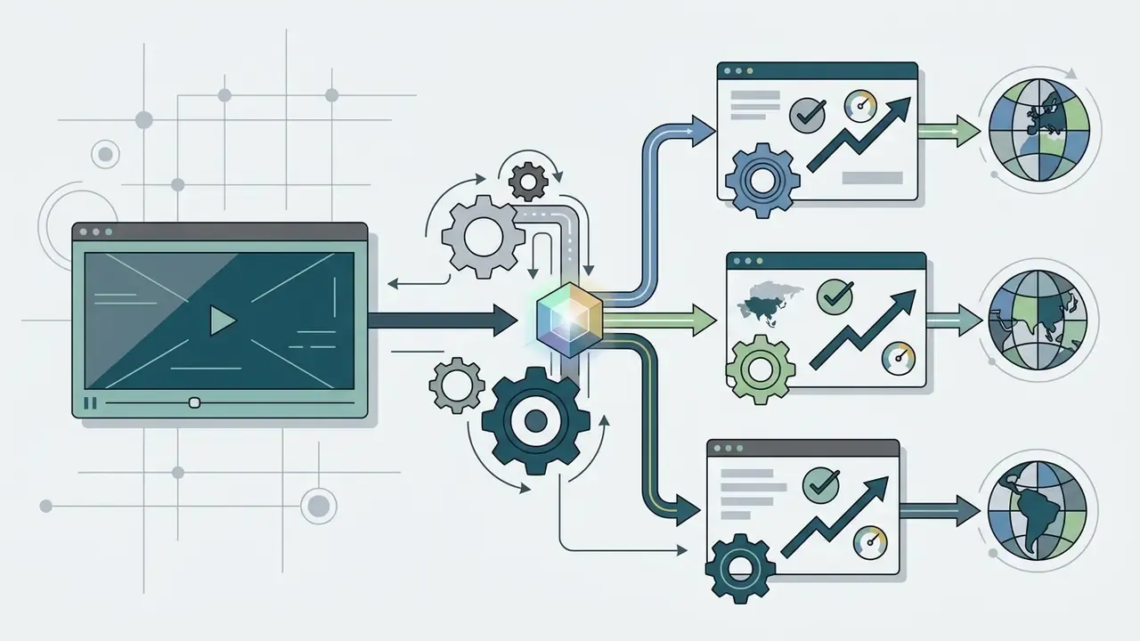 Video file processing through gears and a central hub to reach global markets via localized dashboards
