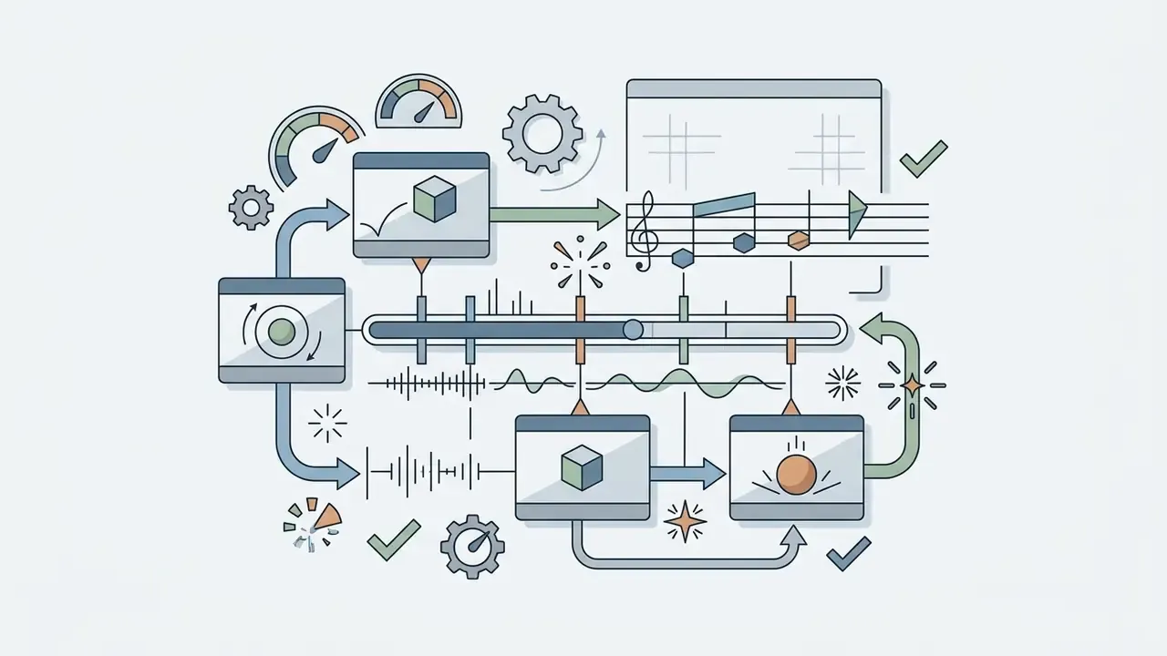Diagram illustrating the synchronization of musical scores and sound effects with specific 3D animation frames