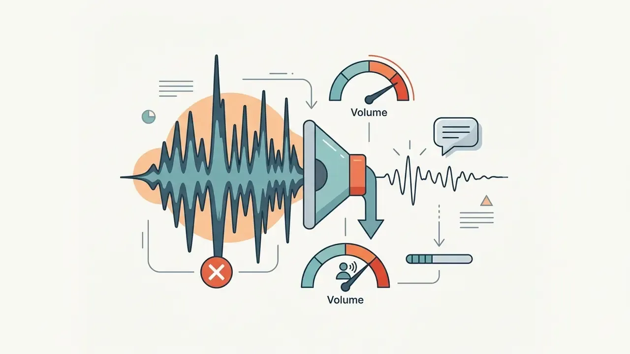 Loud audio waveform entering a speaker with volume gauges and a speech bubble indicating sound levels