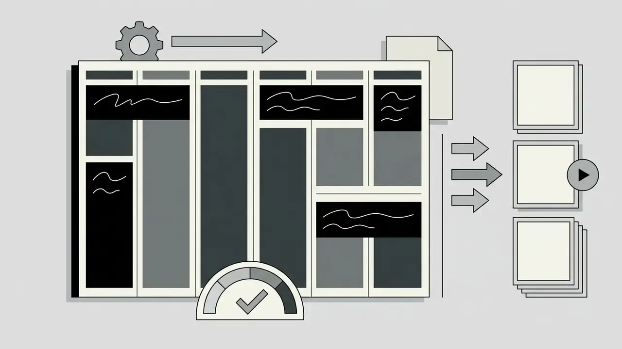 Monochrome newspaper layout grid with gear icon and progress gauge exporting into square media frames