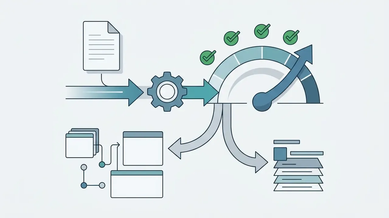 Document input flowing through a gear and speedometer into interface layouts and structured lists