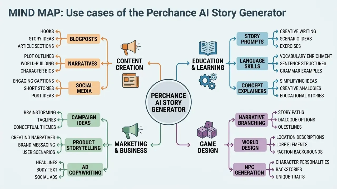 Mind map showing diverse applications of the Perchance AI Story Generator across various professional fields