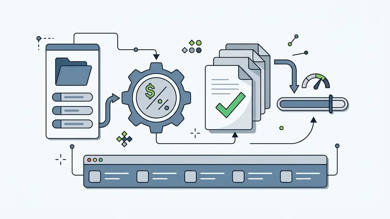 Gear icon with dollar sign symbol linked to document stacks and a progress bar for pricing workflows