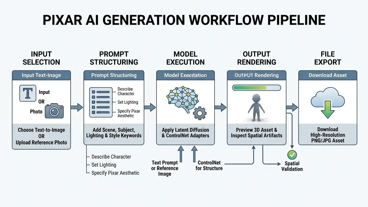 Sequential diagram detailing five stages from input selection to final asset download