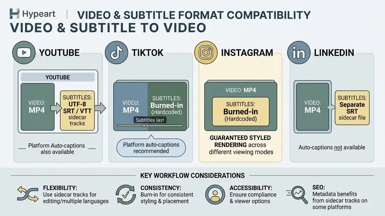 Graphic mapping subtitle format requirements for MP4 videos across YouTube, TikTok, Instagram, and LinkedIn