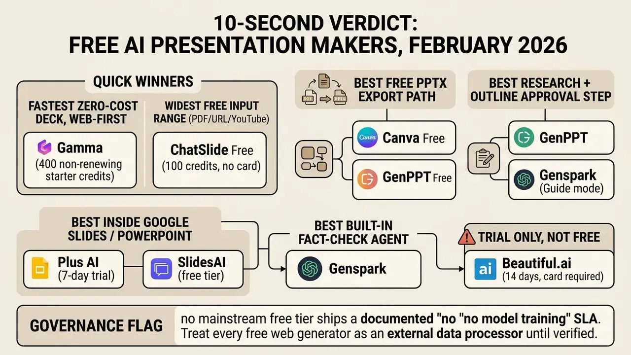 Comparison chart categorizing free AI presentation makers by features like input range and export paths